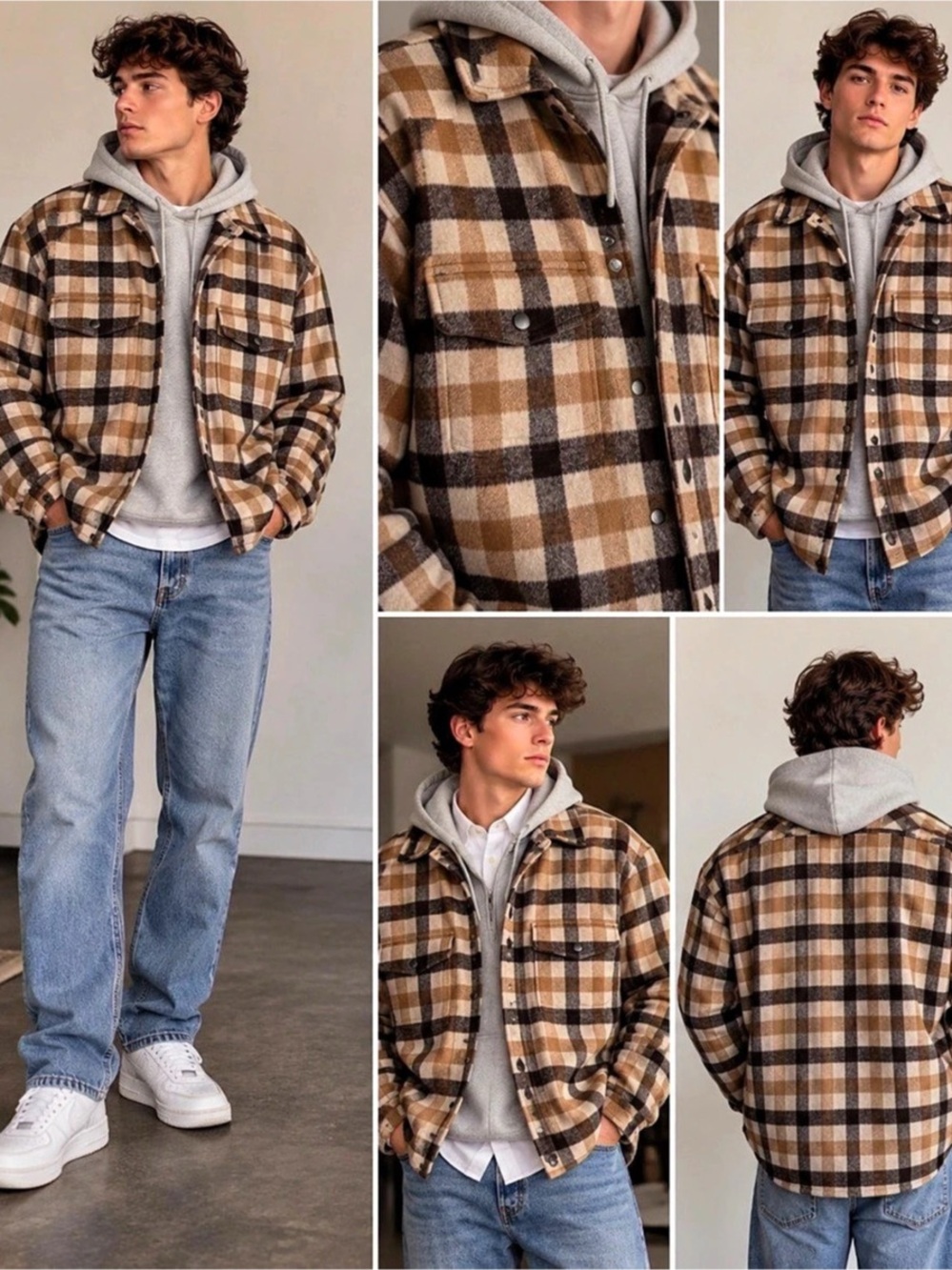 Banana Republic Plaid Wool-Blend Shirt Jacket Brown & Cream Size Large